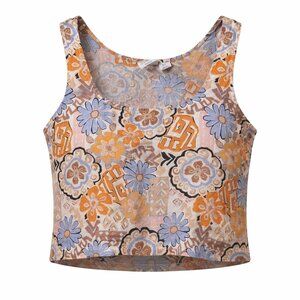 Nicole Miller NY 100% Linen Floral Crop Tank M Boho Artsy Retro Summer Festival